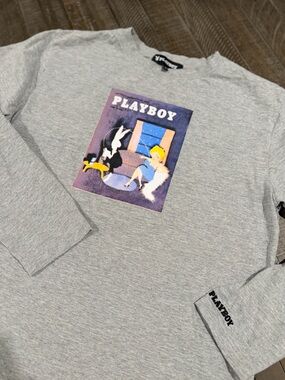 PLAYBOY Grey Long Sleeve Tee with Colorful Retro Graphic